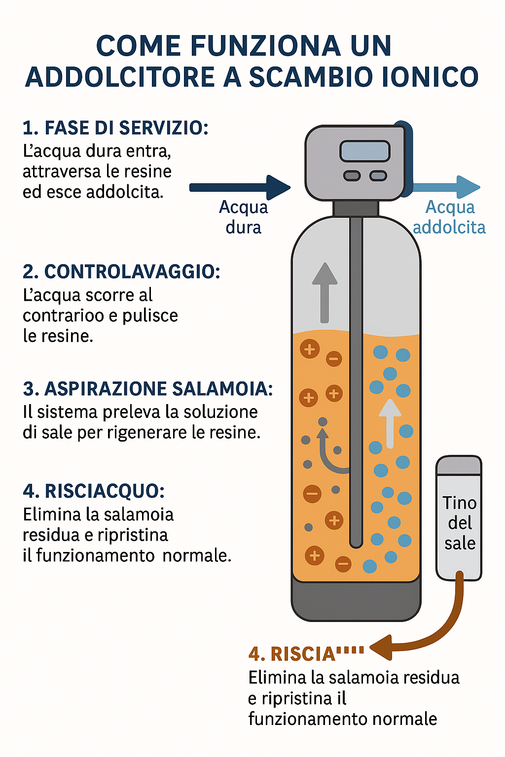 Schema che mostra come funziona un addolcitore d'acqua a resine